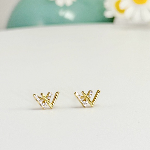S925 W Shape Studs Earrings w/ Tiny CZ-Gold ECZ013 - Picture 10 of 10